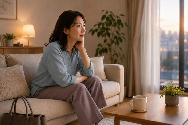 夕方のリビングでソファに座り、一日を静かに振り返る40代前後の女性