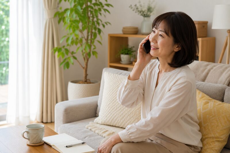 リビングで電話をしながら気持ちを話す40代前後の女性