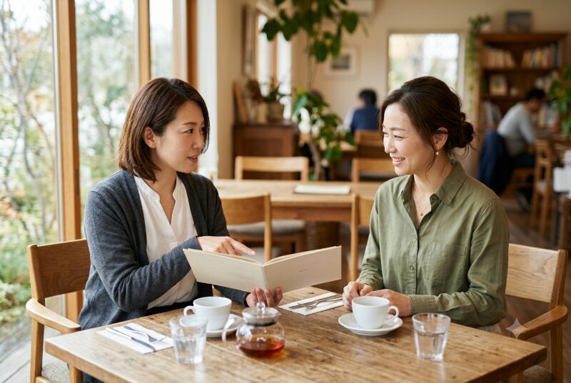明るく落ち着いたカフェで、メニューを見ながら穏やかに会話する2人の女性
