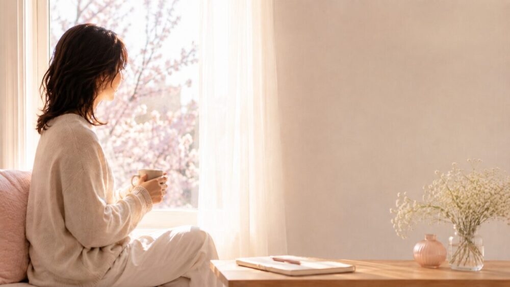 窓辺でこれからの人生について静かに考える30代女性