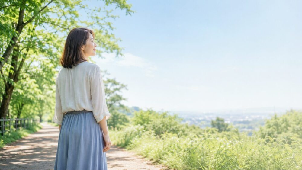 朝の光が差し込む緑の遊歩道で、前を見つめる40代前後の女性