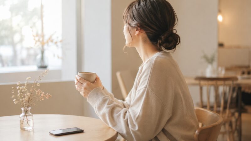 カフェでスマートフォンを置き情報から離れてくつろぐ女性