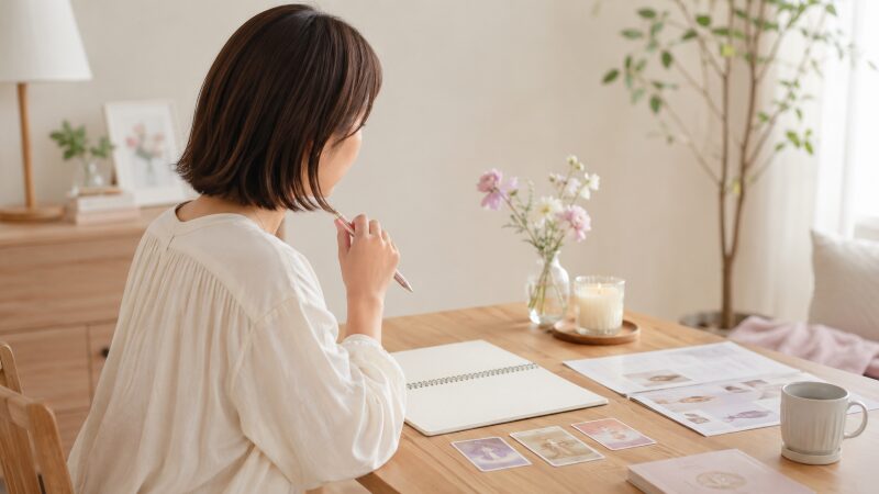 ノートやカードを前に新しいことを始めようと考える女性
