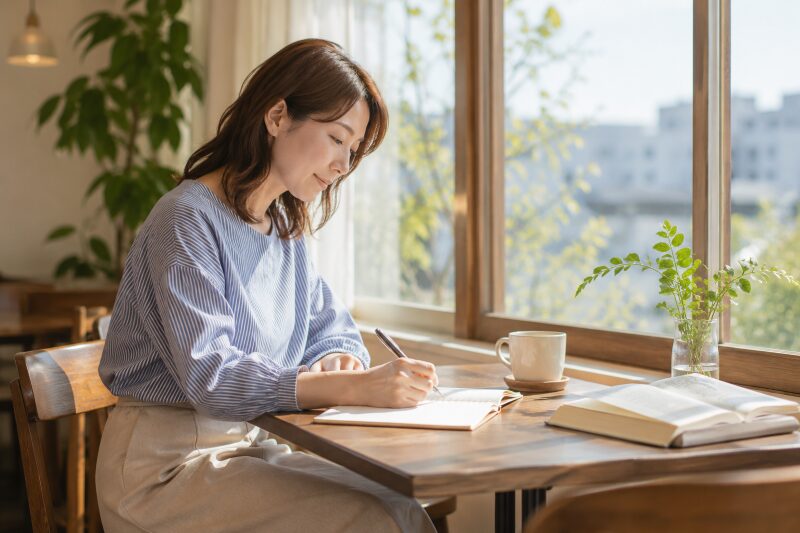窓際のカフェでノートに気持ちを書き出している40代前後の女性