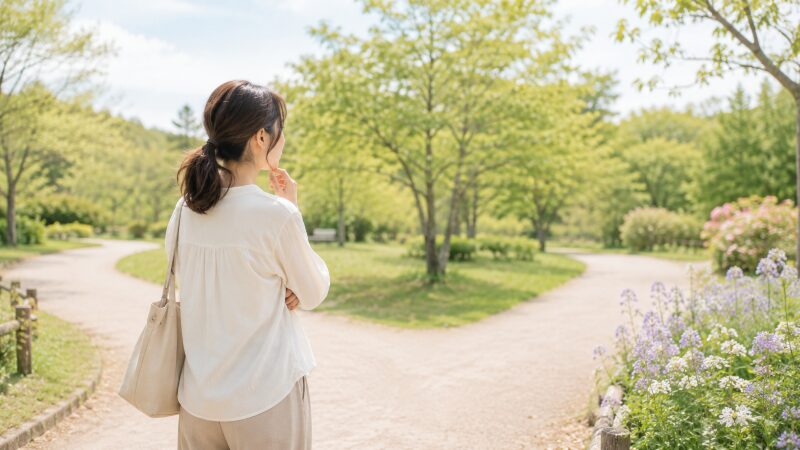 公園の分かれ道で自分の進む方向を考える女性の後ろ姿