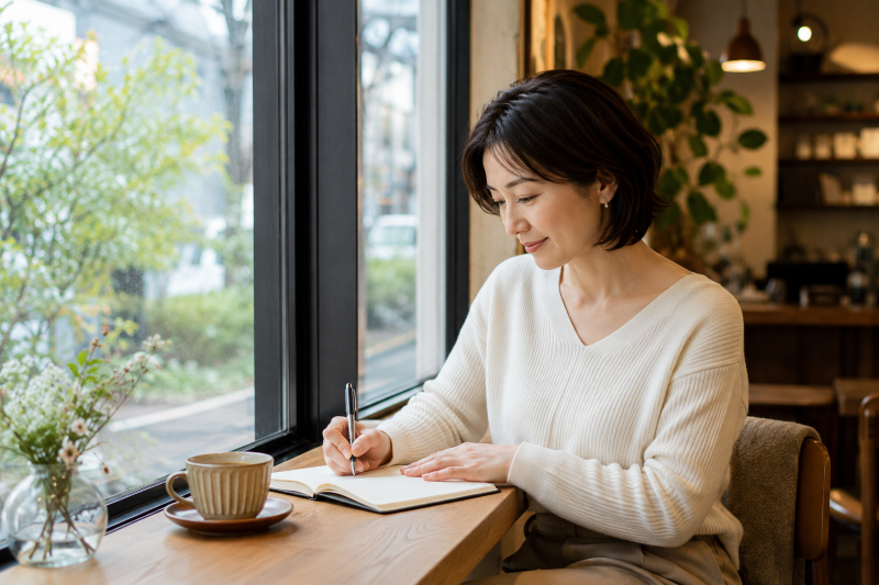 カフェでノートに考えを書き出しながら、自分の気持ちを整理している女性