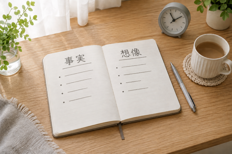 ノートに『事実』と『想像』を分けて整理するひとり反省会のワーク