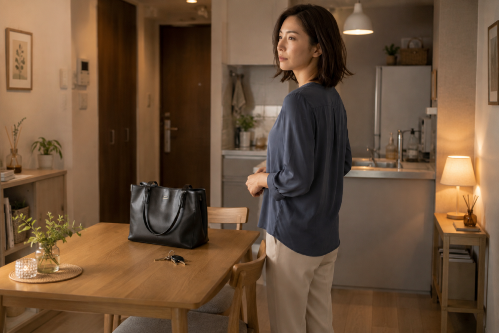 帰宅後、ダイニングテーブルにバッグと鍵を置き、会話を思い返すアラフォー女性