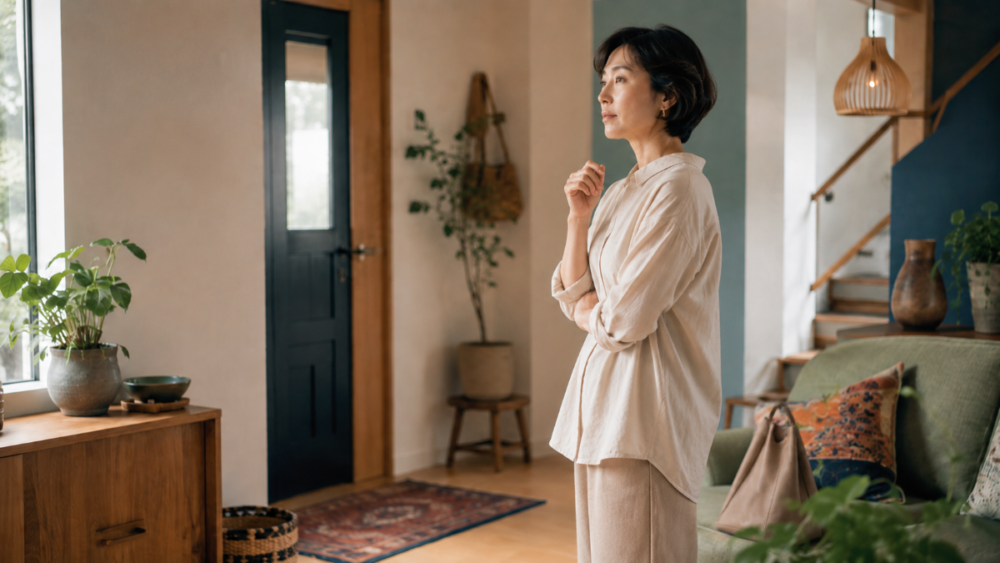 自分で決めることに不安を感じながら、自宅で立ち止まって気持ちを整理している女性