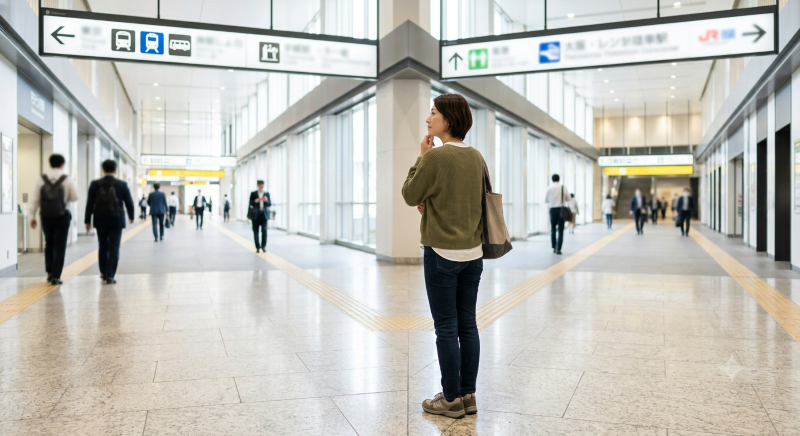 駅の分かれ道で立ち止まる女性